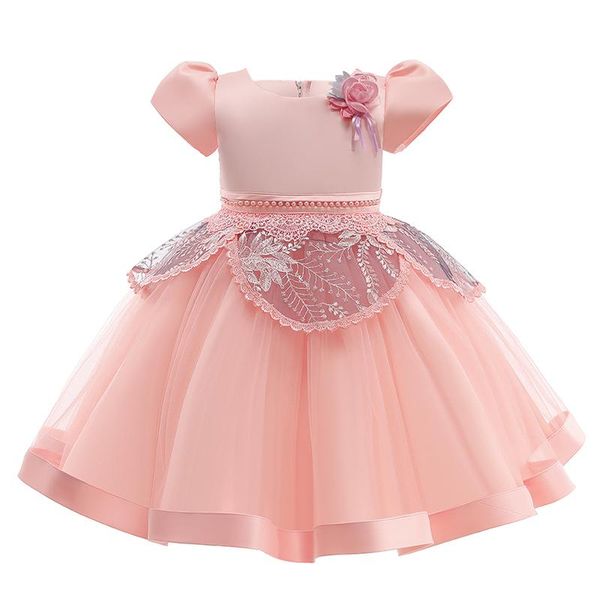 

girl's dresses satin beaded dress girls puff sleeve applique embroidered princess vestidos children's birthday party wedding bride, Red;yellow