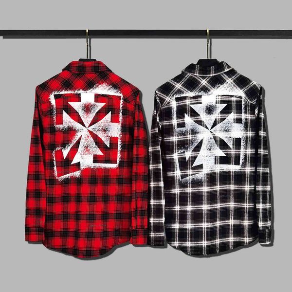 

ow irregular speckled spray painted arrow color blocking plaid shirt for men and women casual, Black