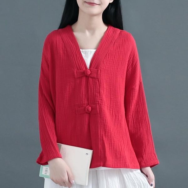 

ethnic clothing women linen chinese style vintage retro shirt cardigan coat fairy tai chi uniform tang suit breathable casual hanfu kk4, Red