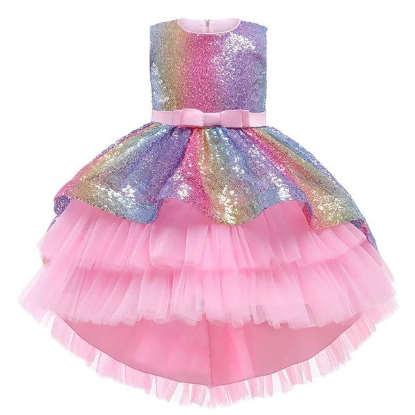 

girl's dresses baby girl dress rainbow sequin mesh princess tail infant baptism party flower stage costumes, Red;yellow
