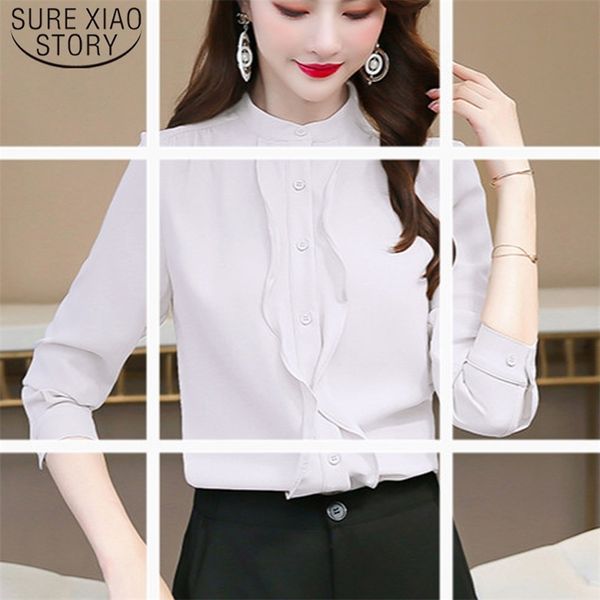 

solid long sleeve women and blouse korean style mujer de moda office ladies white shrit 6604 50 210506