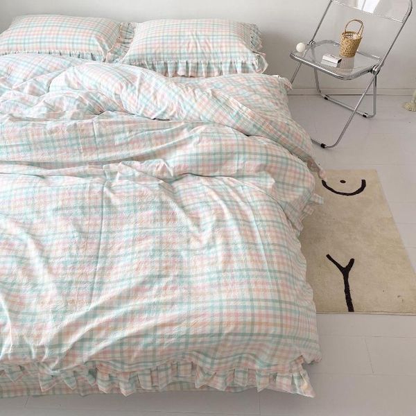 

bedding sets plaid cotton set large double bed with ruffles gentle lovely girl room decoration quilt cover fitted sheet