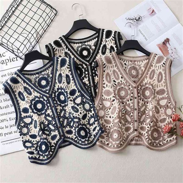 

floral crochet knitted vest women summer autumn womens retro sleeveless jacket cardigan boho bohemian embroidery waistcoat 210819, Black;white