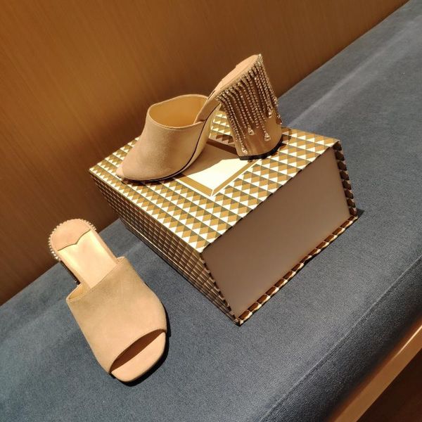 

est summer shoes woman flock shallow slippers open-toes high heels fringe decora mules sapato feminino, Black