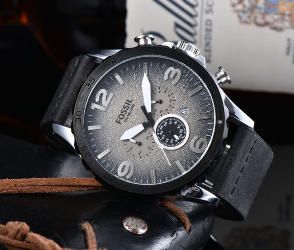 

fossi six stitches mens watch round big dial all dials working satch luxury watches leather strap brand quartz wristwatch high quality, Slivery;brown