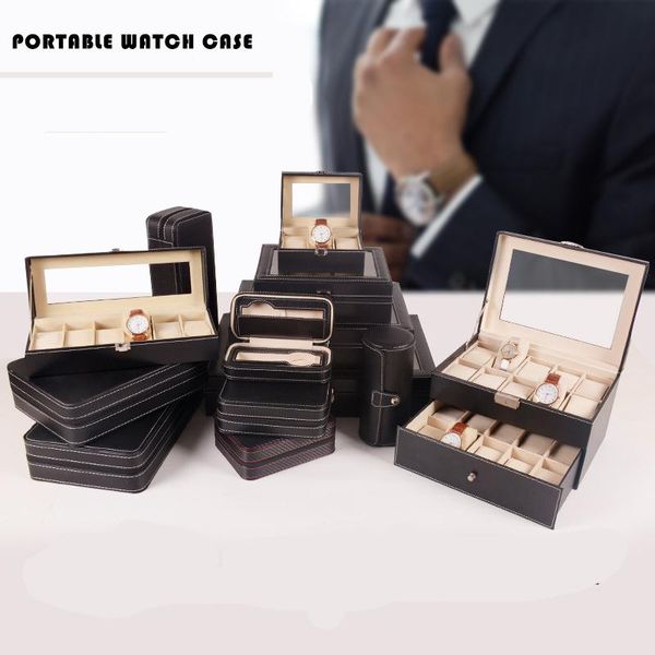 

watch boxes & cases sale 2/4/6/10/12 slot pu leather box dislpay exquisite durable storage men women organizer case, Black;blue