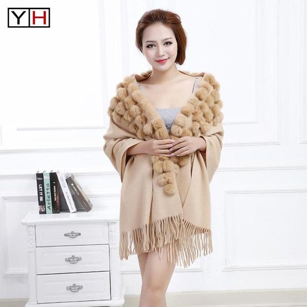 

winter scarf women real fur shawl black 100% wool cashmere pompom autumn warm cape muffler scarves, Blue;gray
