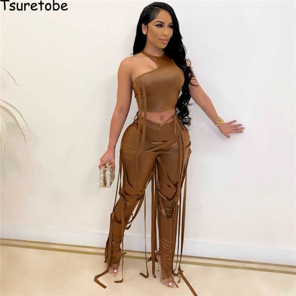 Tsuretobe Sexy BANDAGE Duas peças Set Mulheres Crop Top Pu Calças de Couro Night Club Outfits para Mulheres Correspondência Conjuntos Bodycon Roupas Y0625