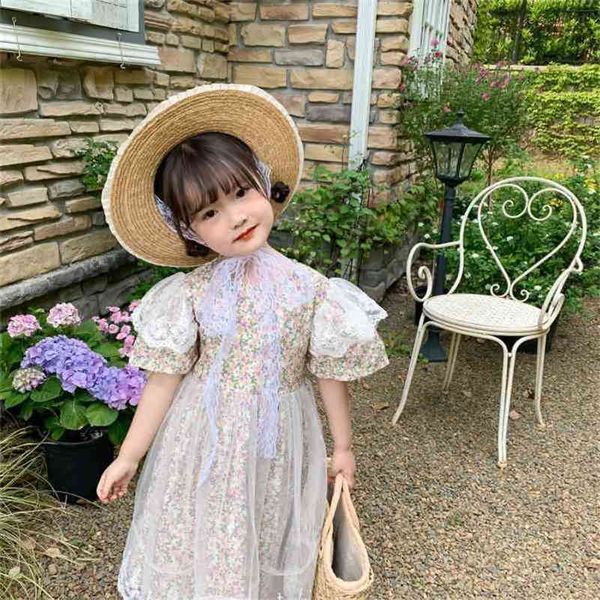 Sommerankunft Mädchen Mode Blumenkleid Kinder Koreanisches Design Spitze 210528