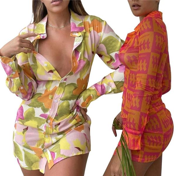 

casual dresses women y2k vintage shirt dress e-girl floral printing/color matching temperament slim summer lapel long sleeve mini, Black;gray