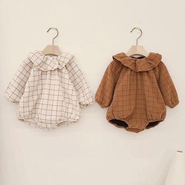 

rompers born baby boys romper spring fall infant clothes vintage plaid toddler overalls princess girls ruffles lace jumpsuit set, Blue