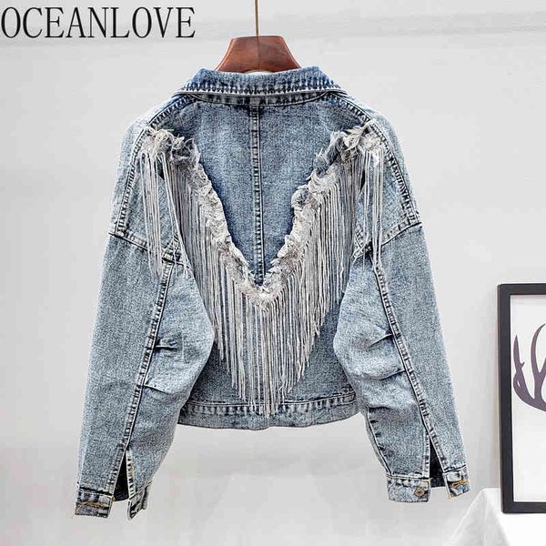 

sequined women jackets sollid streetwear korean fashion denim jacket tassel autumn mujer chaqueta short 17712 210415, Black;brown