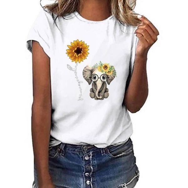 

women's t-shirt women plus size sunflower print elephant printing short sleeve t-shirts kawaii female cute mujer tee shirt femme, White