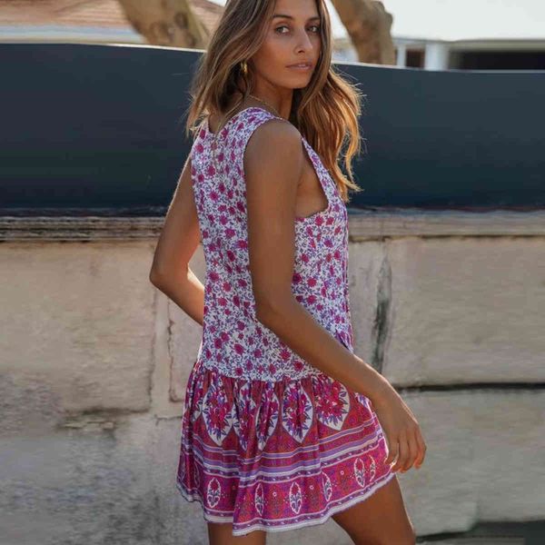 

casual dresses floral printed mini dress sleeveless ruffle hem v neck vintage vestidos summer beach boho clothes short j043, Black;gray