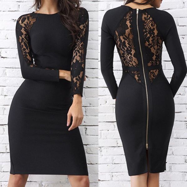 

fashion dress black women o-neck floral lace patchwork hollow out zipper midi party ropa mujer sukienka robe femme casual dresses, Black;gray