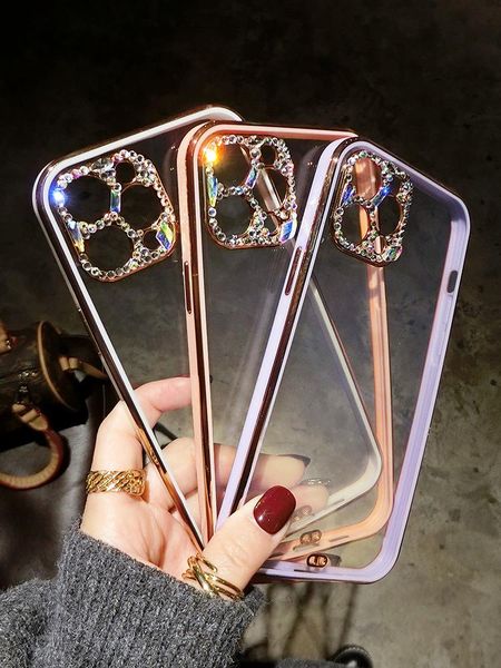

card holders suitable for electroplating apple 12promax mobile phone case thin and transparent iphone11 luxury rhinestone lens 7/8, Brown;gray