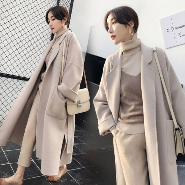 

women's wool & blends arrival woolen coat women cardigan thicken autumn winter female korean blend coats belt long overcoats1 yypw, Black