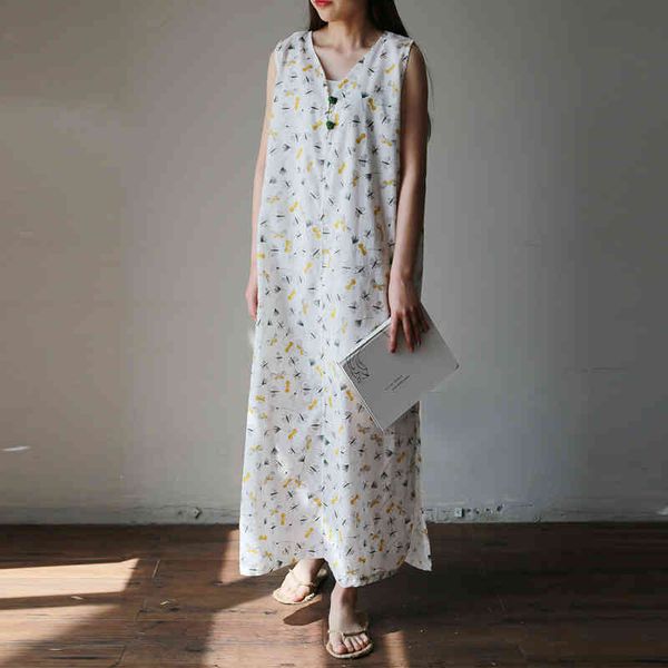 

johnature vintage straight long dress print sleeveless ankle-length maxi dress v-neck natural loose cotton casual women dress 210521, Black;gray