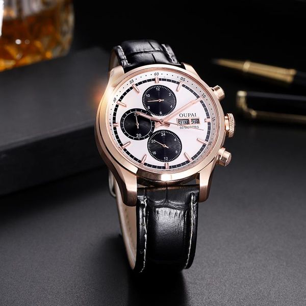

wristwatches oupai commander design multi-function automatic watch men with week calendar waterproof luxury sapphire leather strap, Slivery;brown
