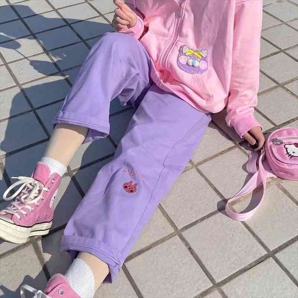 

japanese kawaii pants women harajuku soft girl embroidery japan preppy style oversized elastic waist trousers cartoon, Black;white