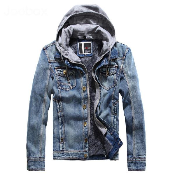 

men's jackets fashion warm denim jacket with removable hood winter fleece lined thick thermal jeans coat washed blue outerwear, Black;brown