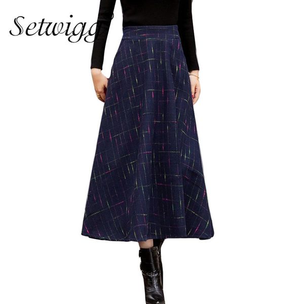 

skirts womens winter thick wool blend long stretch waist high side pockets a line plaid warm ankle-length flare skirt, Black