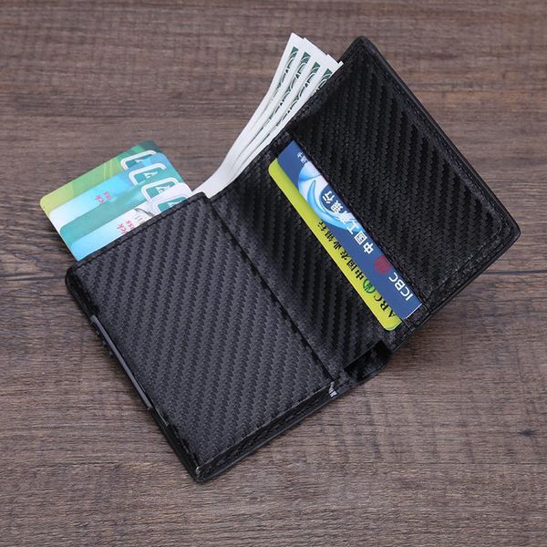 

card holders anti rfid id holder case men leather metal wallet male coin purse women mini carbon with zipper, Brown;gray