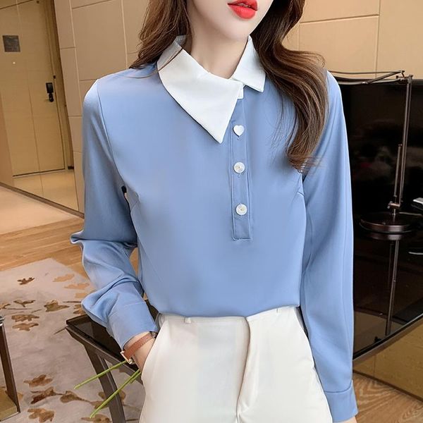 

women's blouses & shirts coigarsam blouse women autumn 2021 office lady full sleeve solid straight blue blusas womens and, White