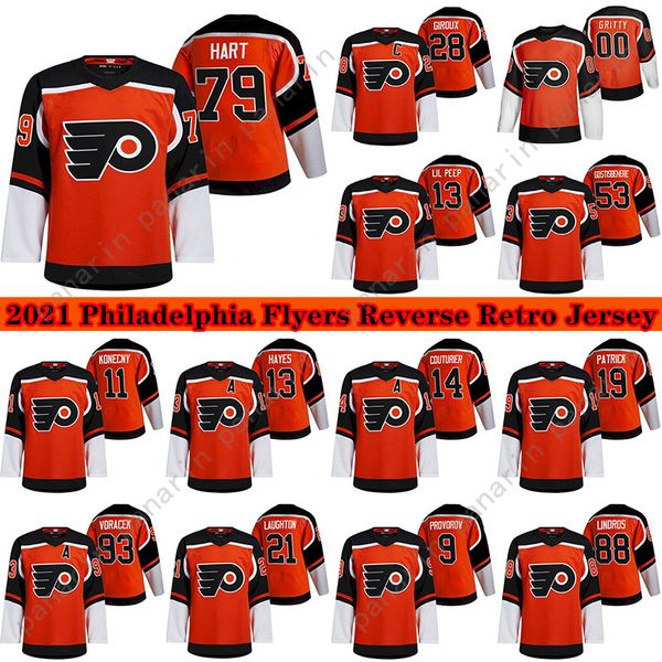 

philadelphia flyers jersey 2020-21 reverse retro 28 claude giroux 79 carter hart 53 gostisbehere 93 voracek 11 konecny ice hockey jerseys, Black;red