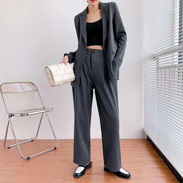 

large size women's pants suit 2-piece elegant office loose ladies jacket autumn and winter high waist wide leg overalls1, White