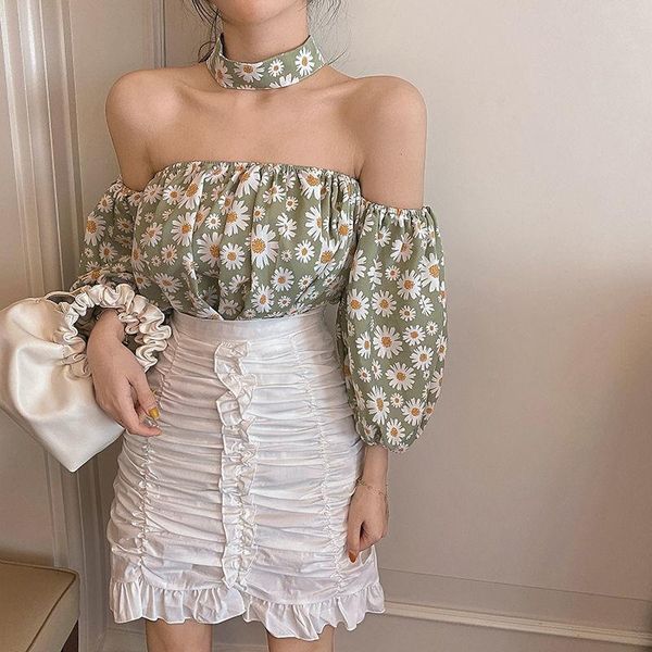 

women's t-shirt women bubble sleeve shirts korea fashion small daisy embroidery summer short off shoulder navel shirt, White