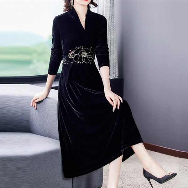 

casual dresses coigarsam women dress autumn 2022 office lady print long sleeve patchwork solid v-neck black robe vestidos, Black;gray