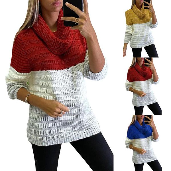 

women's sweaters womens winter knitted sweater long sleeve baggy color patchwork turtleneck jumper pullover, White;black