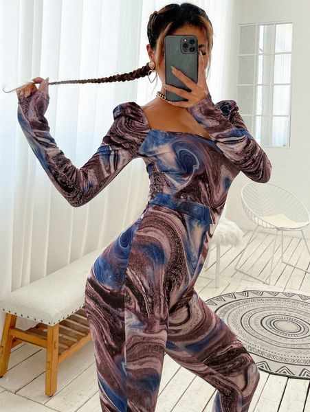 

marble print split hem unitard jumpsuit u1cc#, White