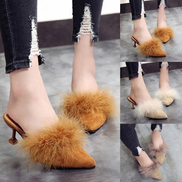 

slippers women shoes woman's pointed toe sinlge fashion lazy casual high heeled chaussures femme, Black