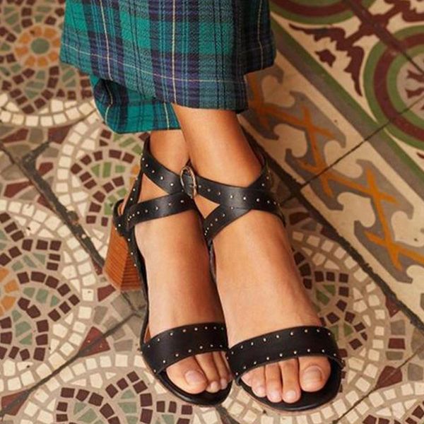 

sandals elegant high heels sandales women casual shoes slippers summer retro rivet chic 2021 beach bandage sabot, Black