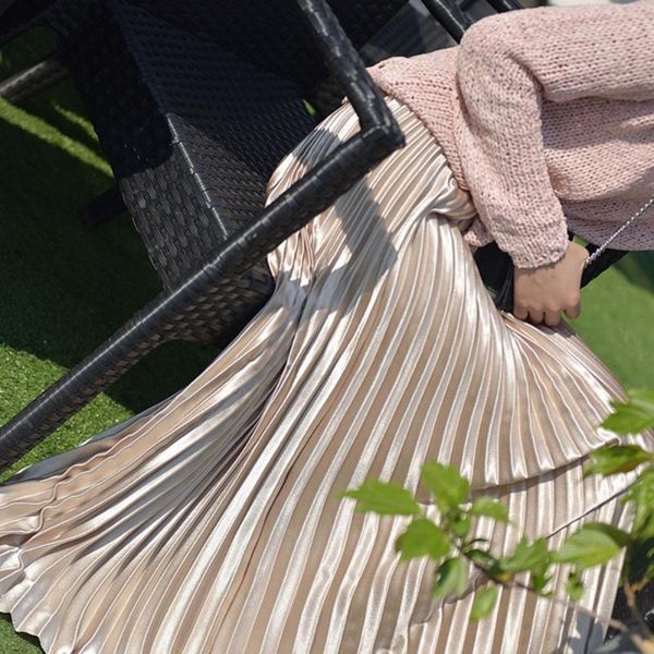 

skirts 2021 metallic long pleated skirt korean style high waisted fashion glossy autumn winter full length elegant women maxi, Black