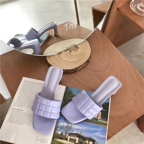 

slippers mule heels women sandals ladies high heel purple color open toes thick fashion female slides summer shoes, Black