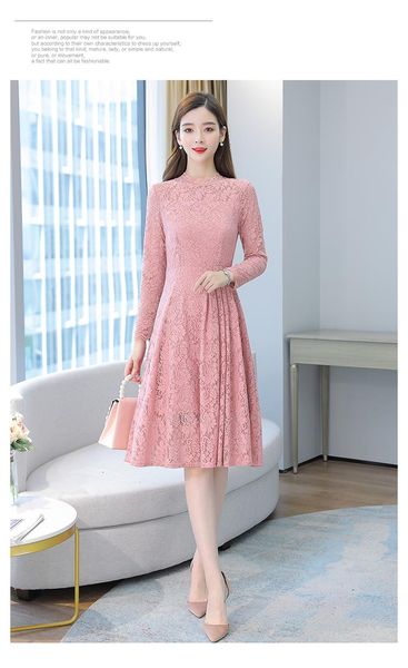 

lace bag hip party dress 2021 women autumn korean o-neck long sleeve big swing casual dresses, Black;gray