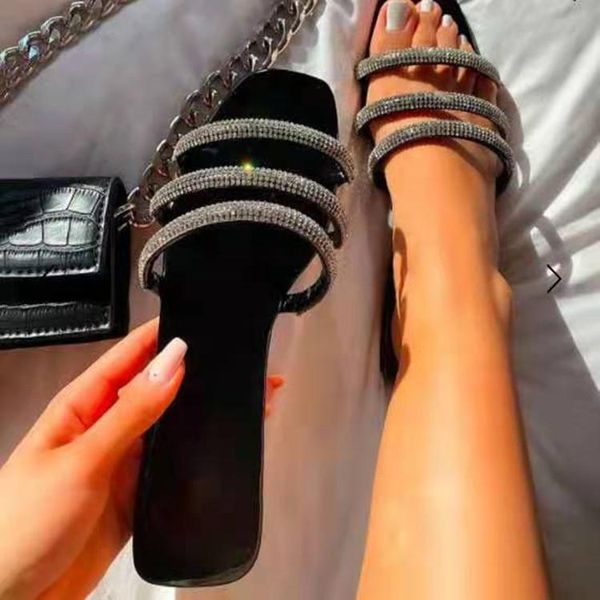 

slippers female shoes women summer rubber flip flops big size slides square toe 2021 hawaiian beach flat pu fabric bling, Black