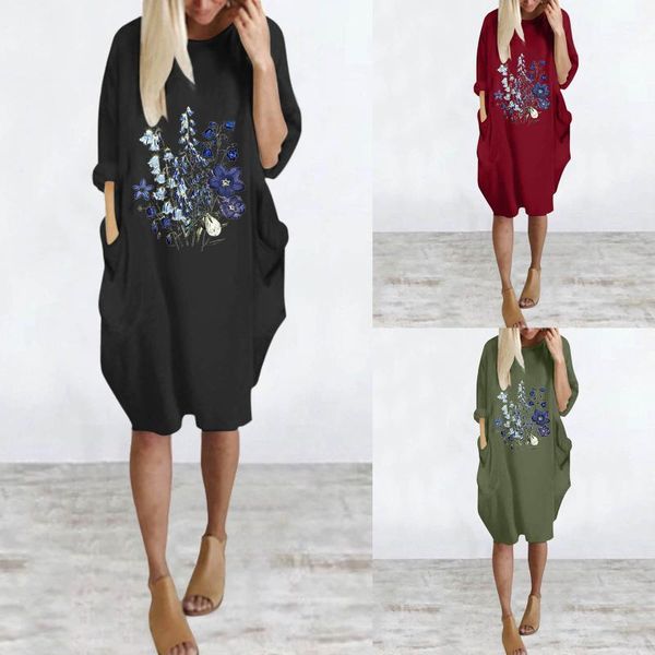 

casual dresses 2021 female clothing womens long sleeve loose o neck printed dress women's autumn winter comfortable, Black;gray