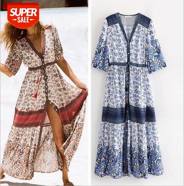 

european and american bohemian positioning printing long skirt dress single-breasted cardigan beach #rc9i, Black