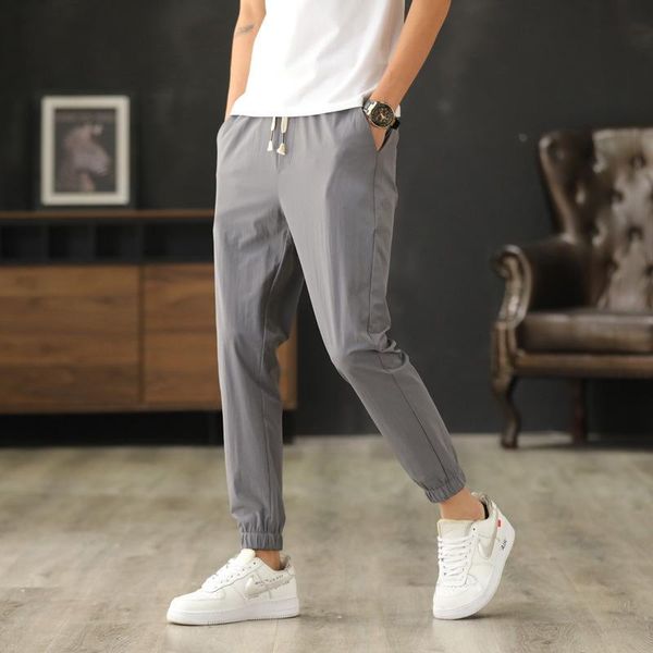 

men's pants casual summer ice silk elastic leggings wear solid color drawstring quarter sweatpants, Black