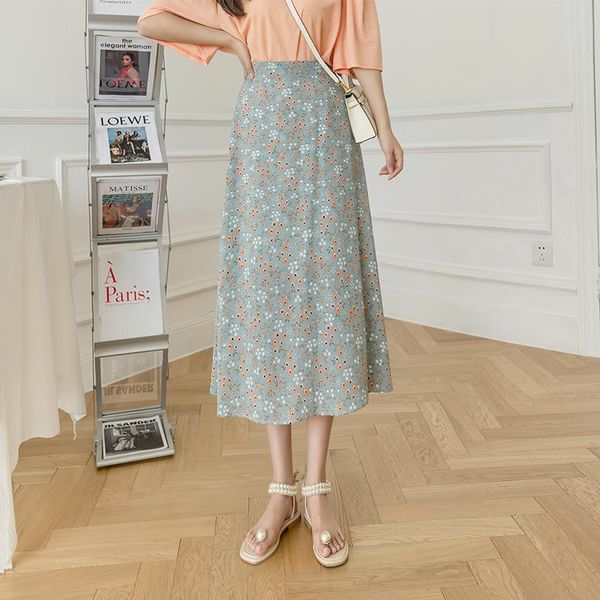 

skirts real s chiffon skirt casual summer retro floral print all-match elastic waist jupe longue femme fashion for women, Black