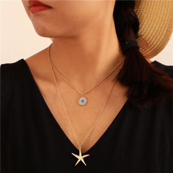 

pendant necklaces vintage starfish blue stone round full crystal necklace 2021 bohemian multilayer gold layered choker, Silver