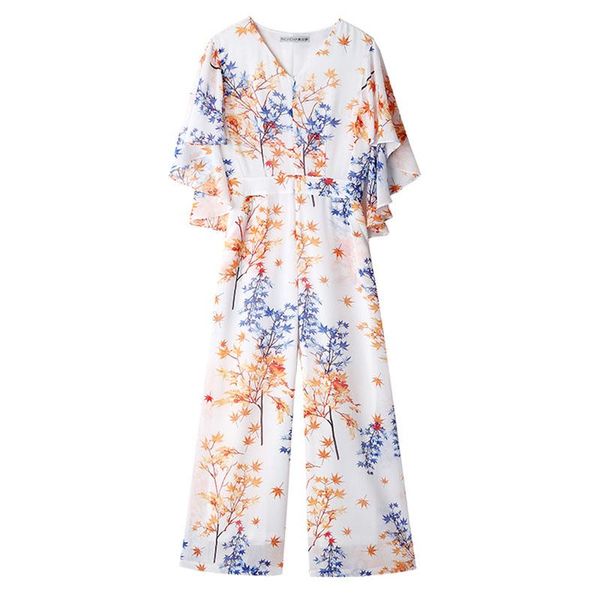

women's jumpsuits & rompers perhaps u chiffon print ruffle sleeve v neck short wide leg beach summer elegant j0080, Black;white