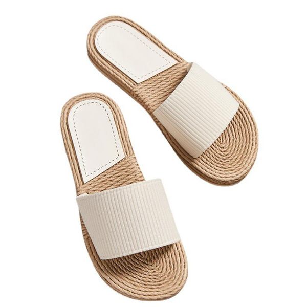 

slippers women female casual flax slides linen one word belt ladies sandals flip flops summer indoor home shoes hy435, Black