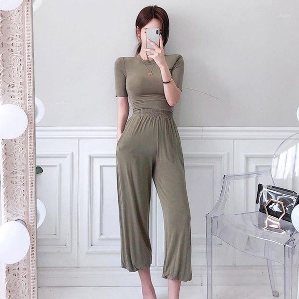 

two piece set for women summer green t shirt and long pants ladies trouser suit dress, White