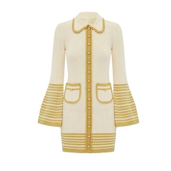 

casual dresses perhaps u black yellow gold white striped long sleeve knitted short mini dress autumn turn down collar flare d1664, Black;gray