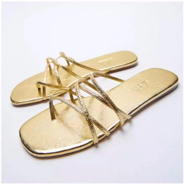 

slippers zar# summer women's shoes casual simple fashion gold ribbon toe clip flat, Black